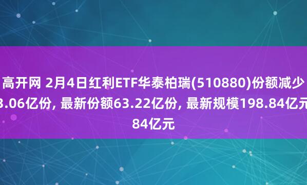 高开网 2月4日红利ETF华泰柏瑞(510880)份额减少3.06亿份, 最新份额63.22亿份, 最新规模198.84亿元